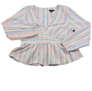 NEW J. CREW Seersucker Rainbow Striped Top V-neck Peplum Womens 14 Blouse Shirt